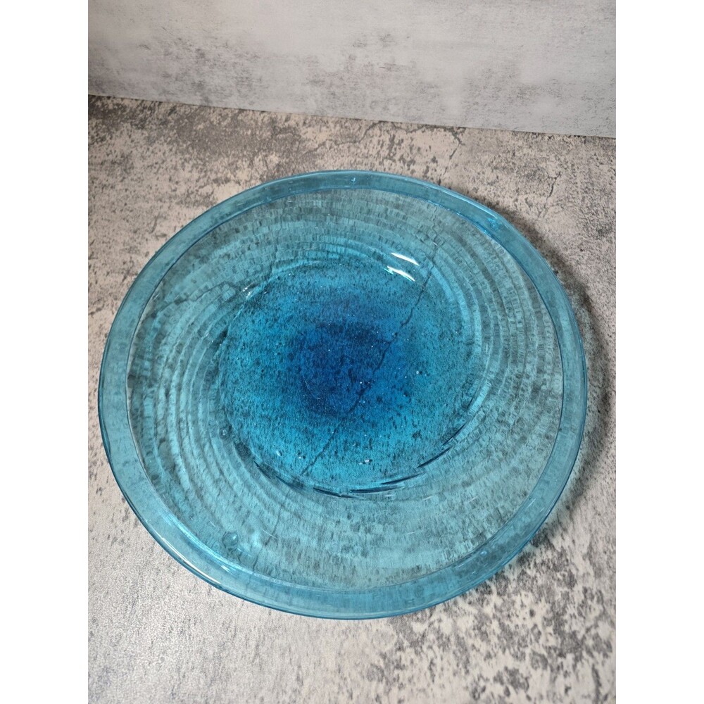 RARE 10” Blown Aqua Blue Glass Shallow Bowl With  Optic Swirl/Folded Rim Vintage